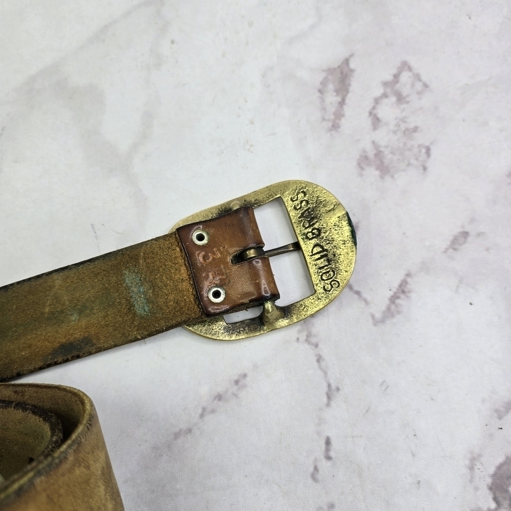 Vintage Leather Belt Western Stud Engraved Tooled Brass 34 35 36 37 Womens - Picture 5 of 10